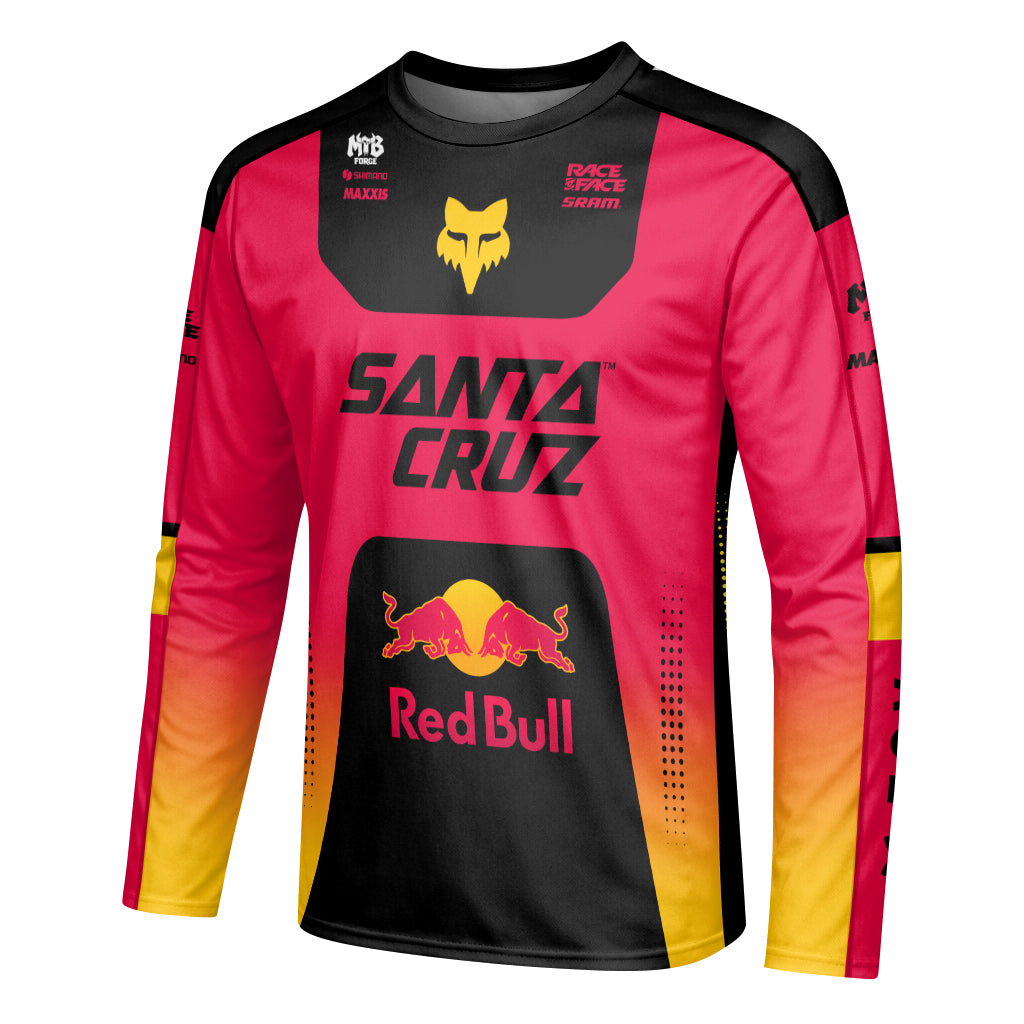 Santa Cruz Red Bull Red Black Factory Long Sleeve Mountain Bike Jersey - left side mockup