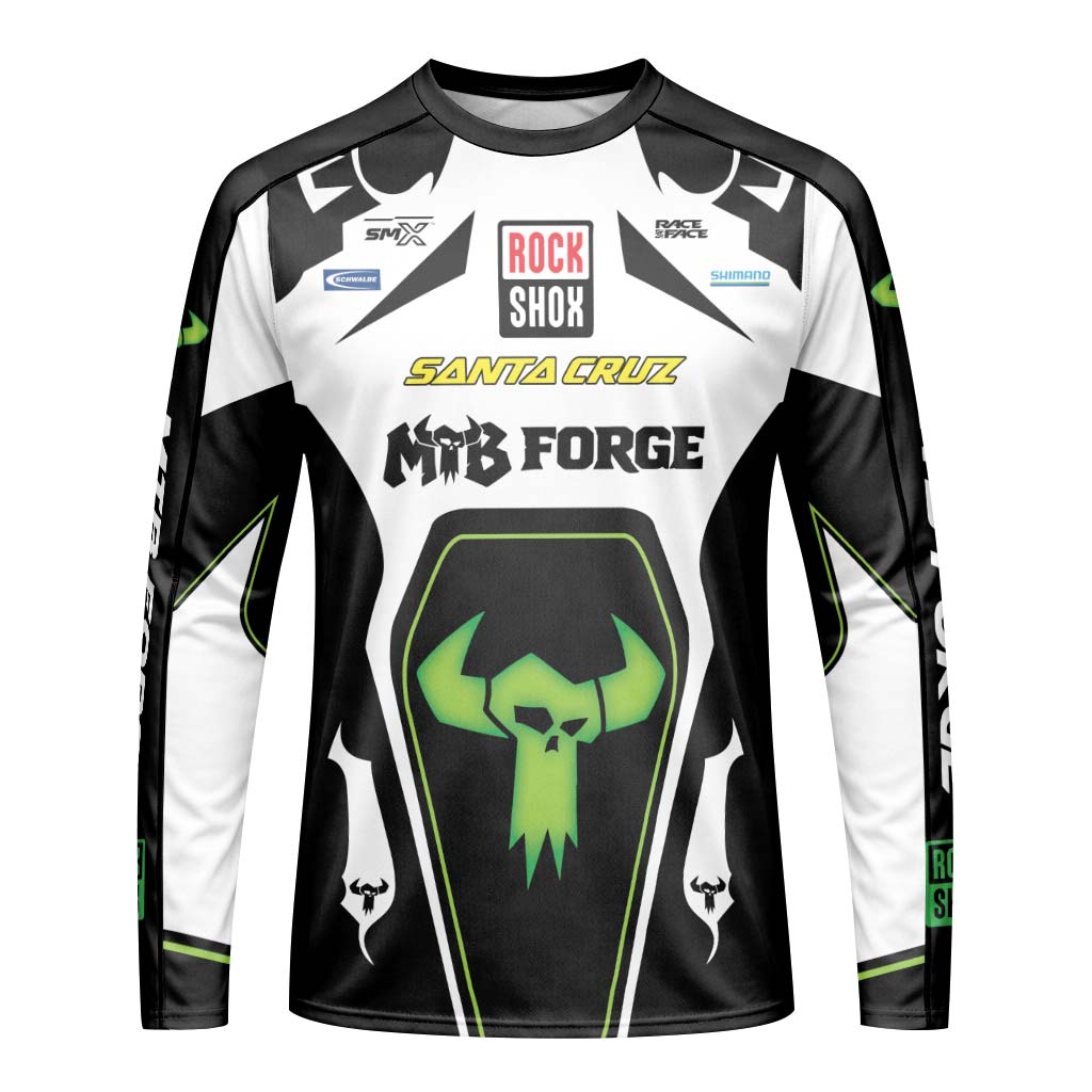 Santa Cruz RockShox Black White Green Long Sleeve Mountain Bike Jersey – Front View Mockup