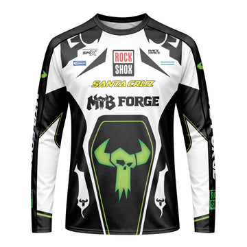 Santa Cruz RockShox Black White Green Long Sleeve Mountain Bike Jersey – Front View Mockup