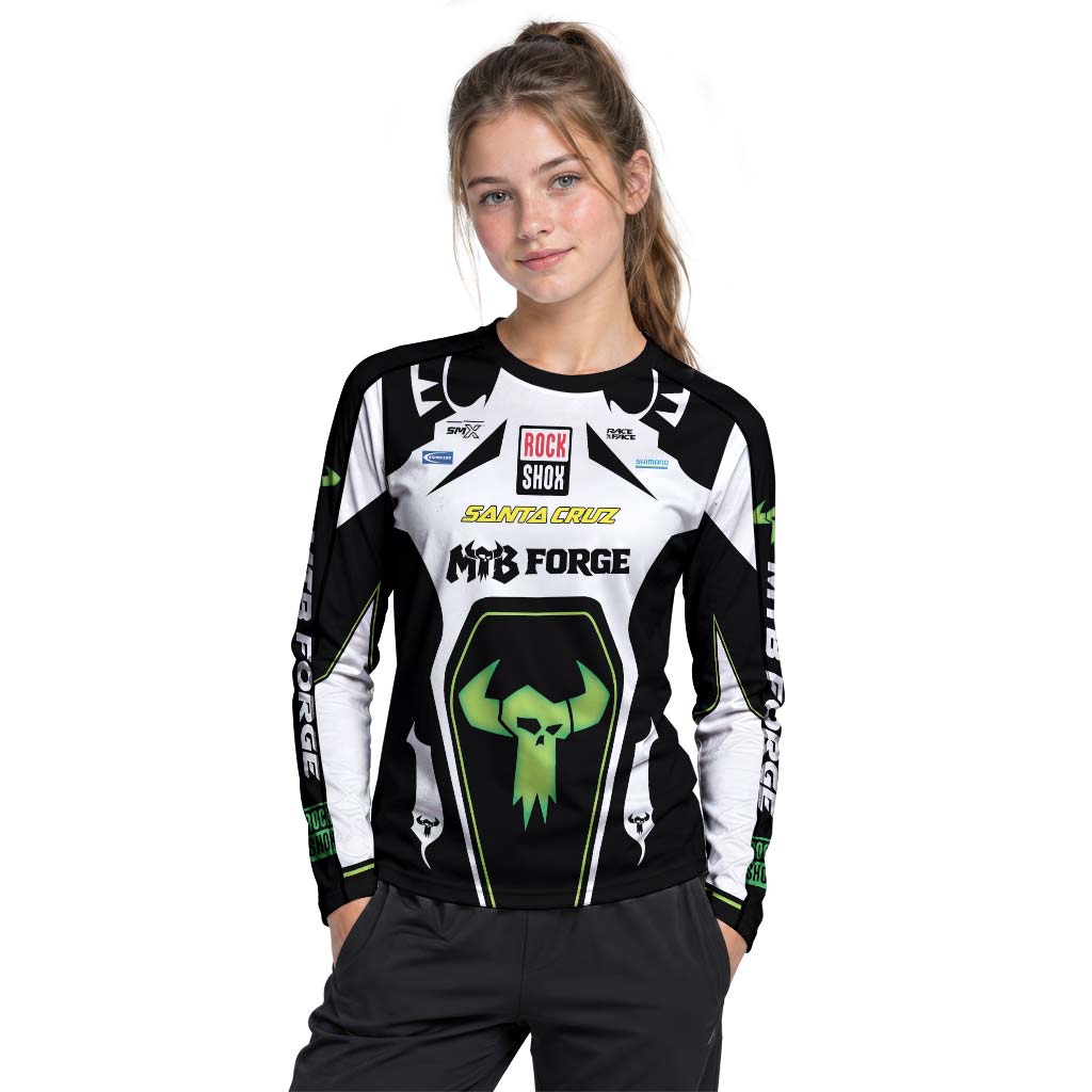 Santa Cruz RockShox Black White Green Youth Long Sleeve Mountain Bike Jersey – Girl Lifestyle View