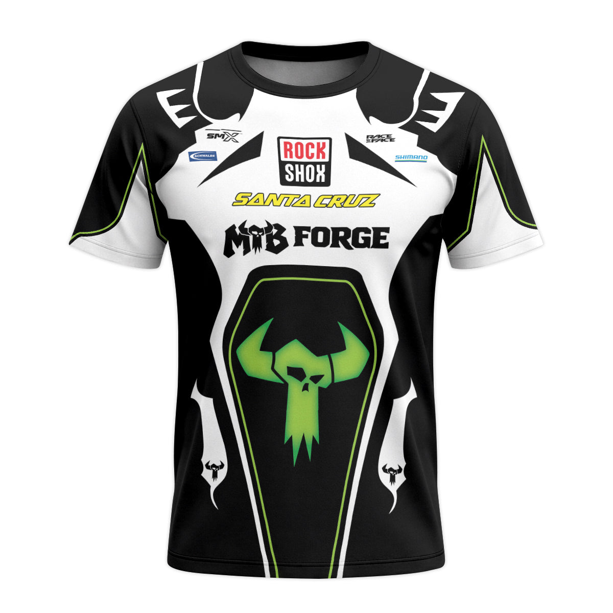 Santa Cruz RockShox Black White Green Youth Short Sleeve Mountain Bike Jersey – Front View Mockup