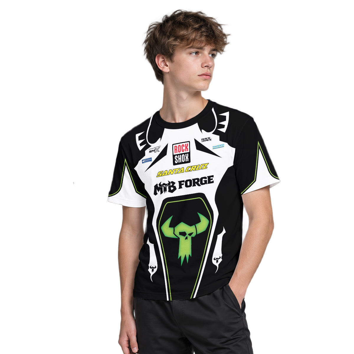 Santa Cruz RockShox Black White Green Youth Short Sleeve Mountain Bike Jersey – Boy Lifestyle View