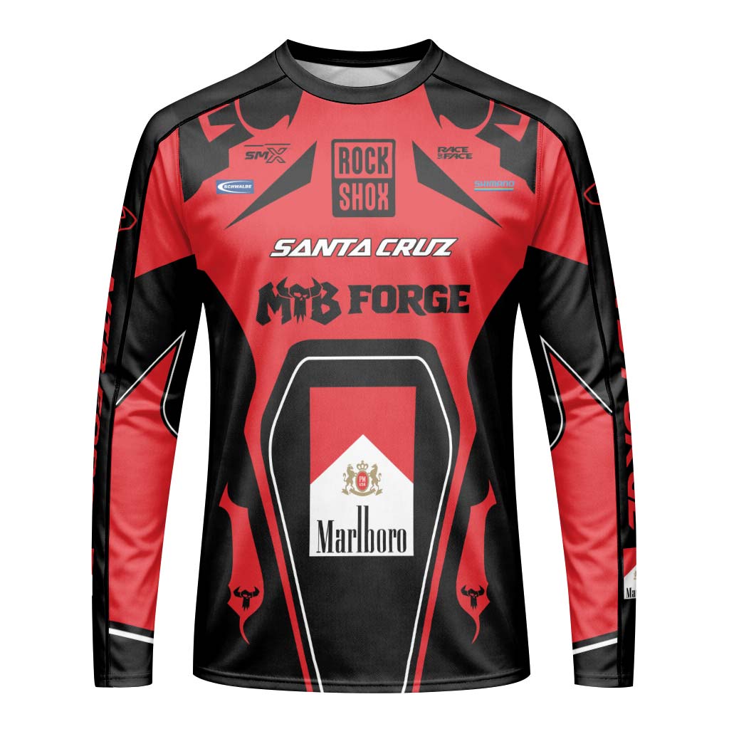Santa Cruz RockShox Marlboro Red Black Long Sleeve Mountain Bike Jersey – Front View Mockup