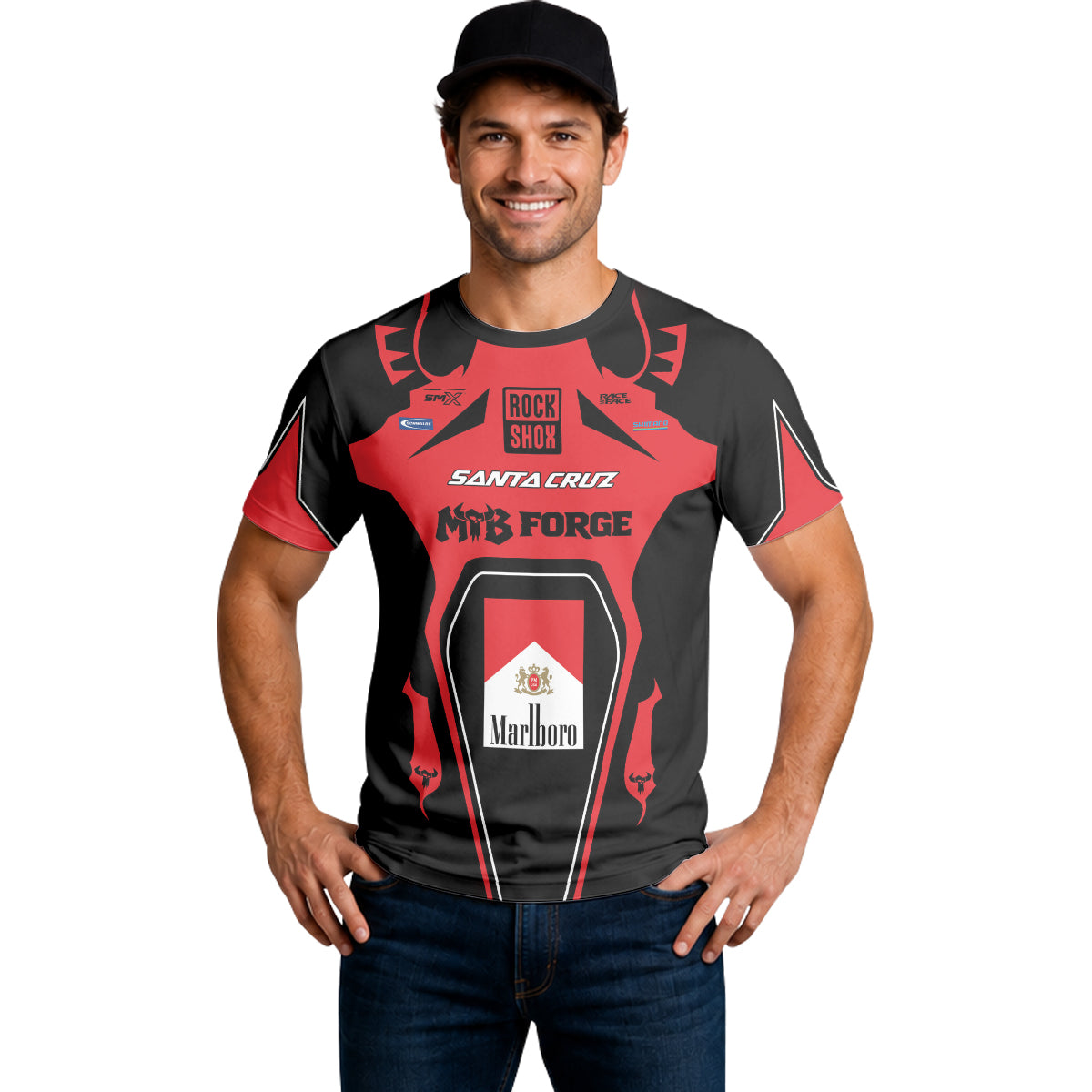 Santa Cruz RockShox Marlboro Red Black Short Sleeve Mountain Bike Jersey – Lifestyle View