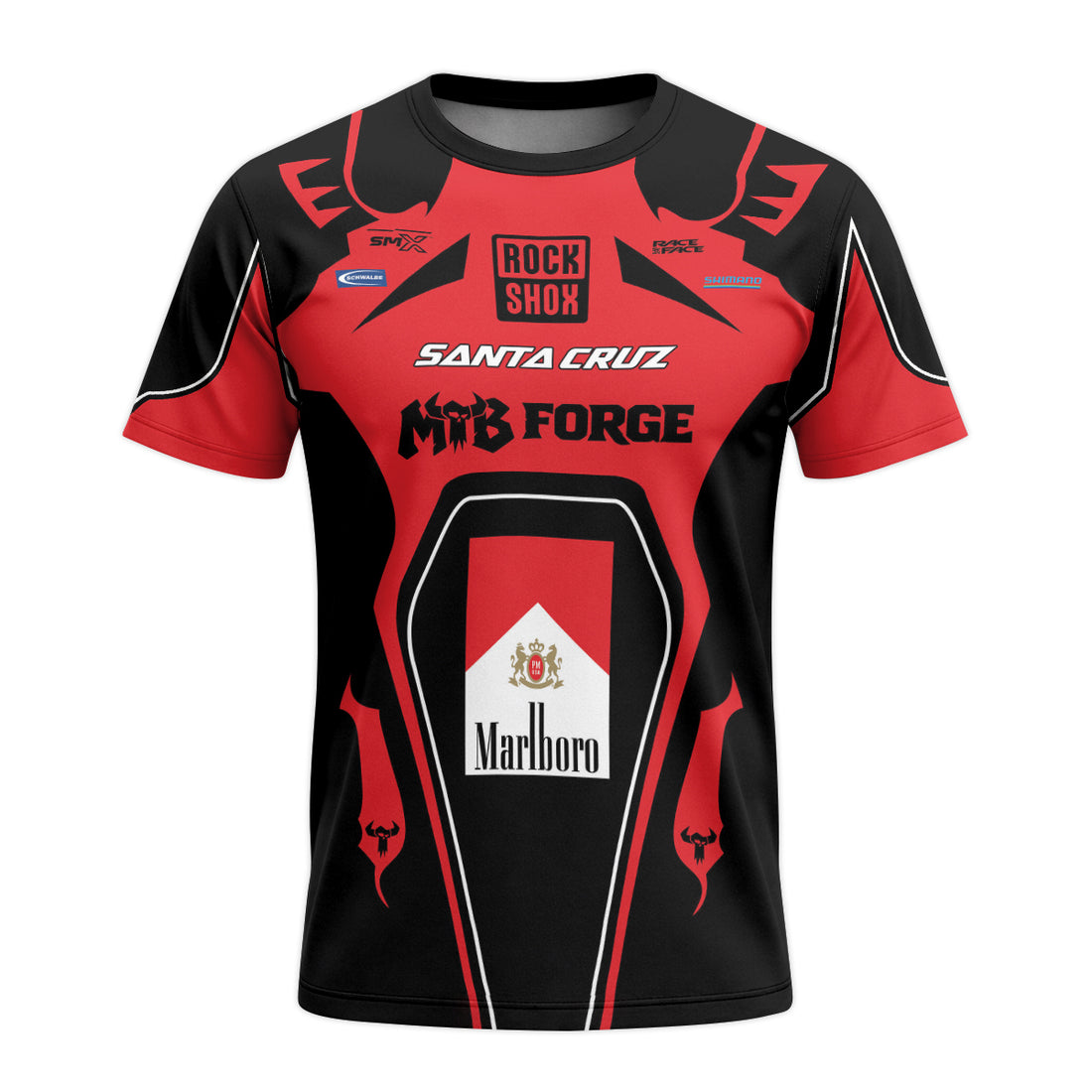 Santa Cruz RockShox Marlboro Red Black Short Sleeve Mountain Bike Jersey – Front and Back View