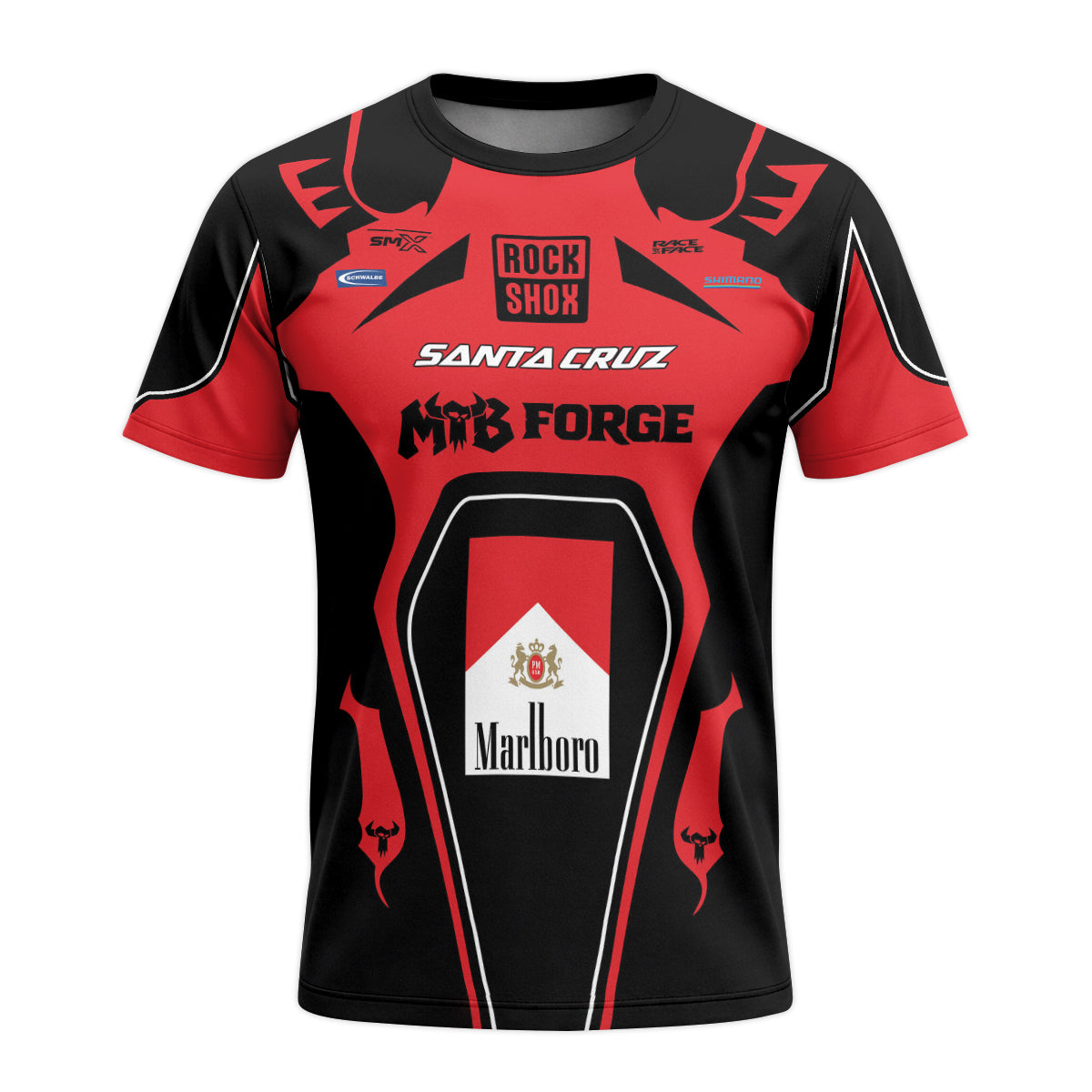 Santa Cruz RockShox Marlboro Red Black Short Sleeve Mountain Bike Jersey – Front View Mockup