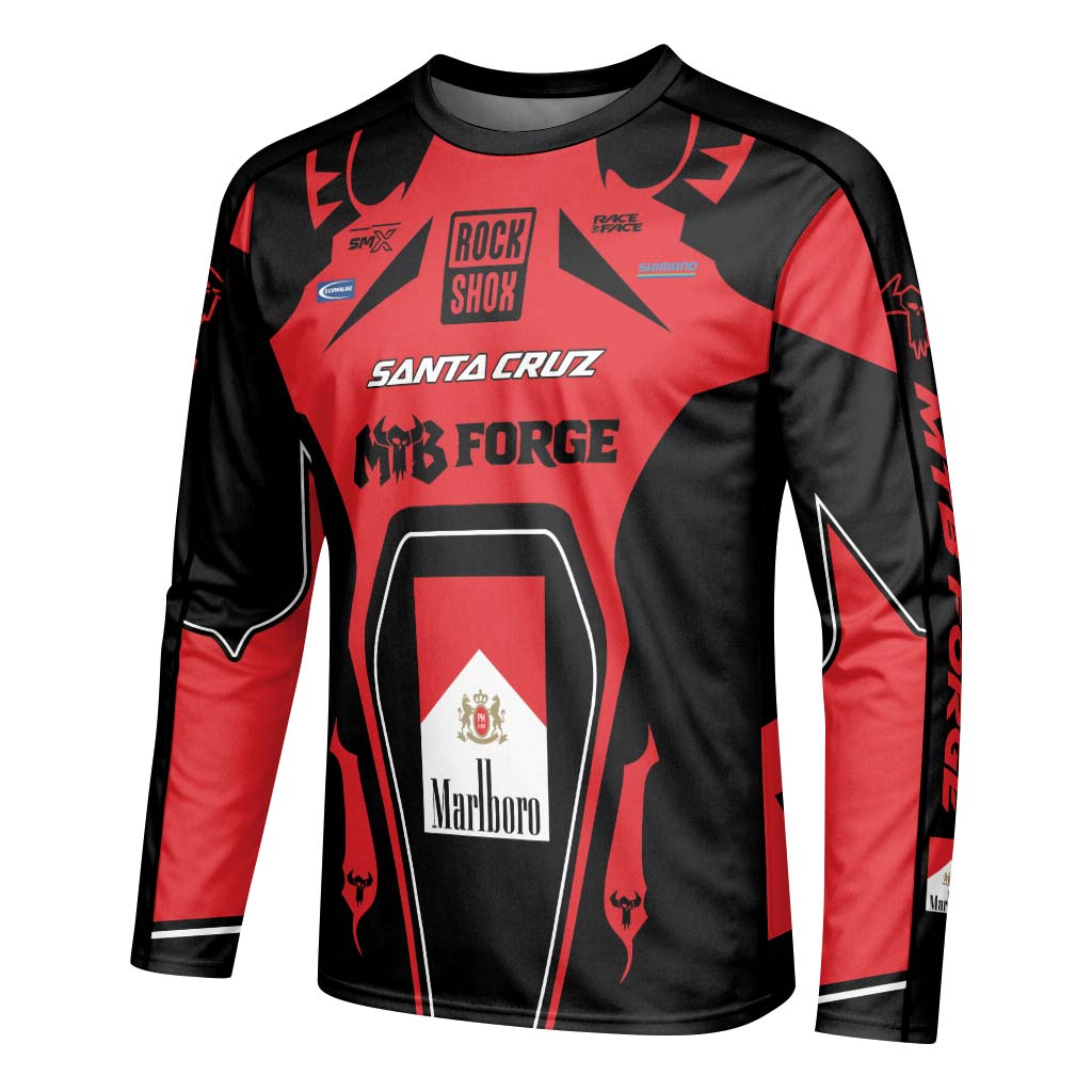 Santa Cruz RockShox Marlboro Red Black Youth Long Sleeve Mountain Bike Jersey – Left Side View Mockup
