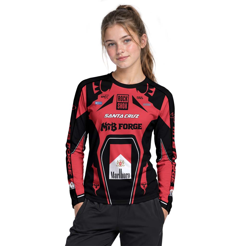 Santa Cruz RockShox Marlboro Red Black Youth Long Sleeve Mountain Bike Jersey – Girl Lifestyle View