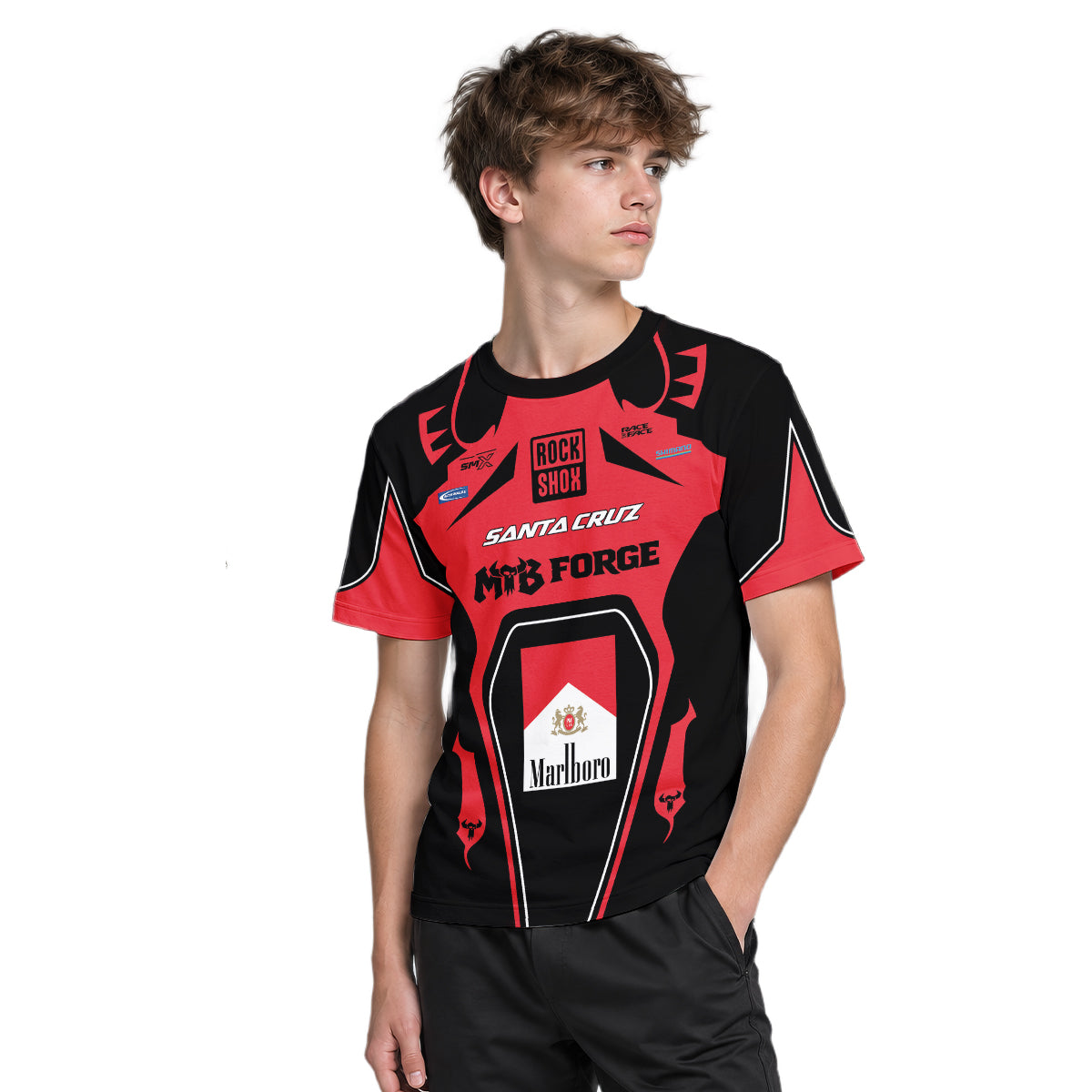 Santa Cruz RockShox Marlboro Red Black Youth Short Sleeve Mountain Bike Jersey – Boy Lifestyle View