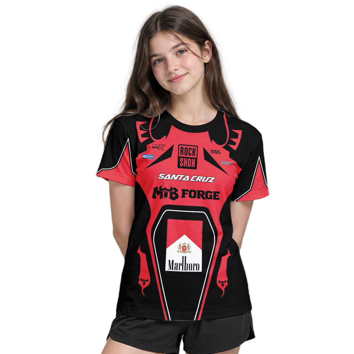 Santa Cruz RockShox Marlboro Red Black Youth Short Sleeve Mountain Bike Jersey – Girl Lifestyle View