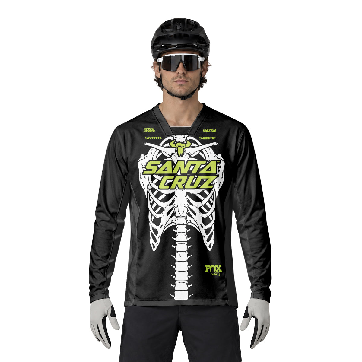 Santa Cruz Skeleton Black Green Heavyweight Long Sleeve MTB Jersey – Lifestyle View