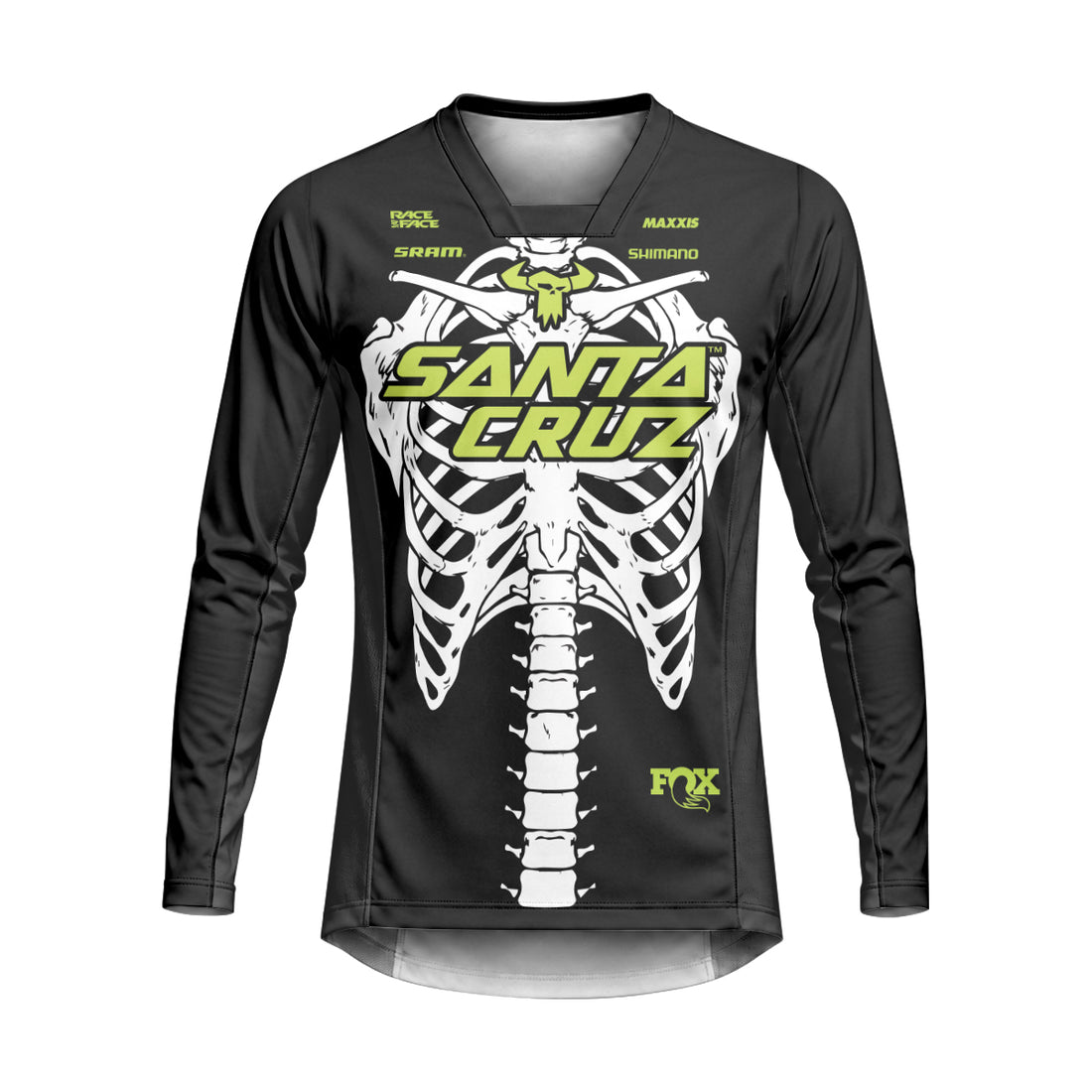 Santa Cruz Skeleton Black Green Heavyweight Long Sleeve MTB Jersey – Front View Mockup