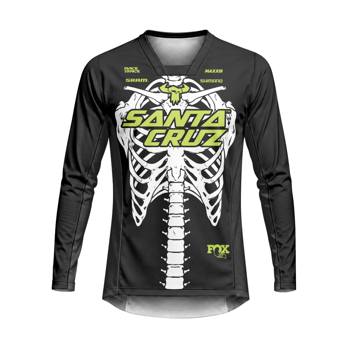 Santa Cruz Skeleton Black Green Heavyweight Long Sleeve MTB Jersey – Front View Mockup