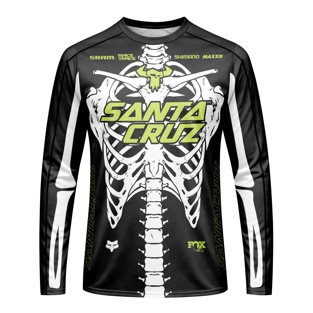 Santa Cruz Skeleton Black Green Long Sleeve Mountain Bike Jersey - front view mockup