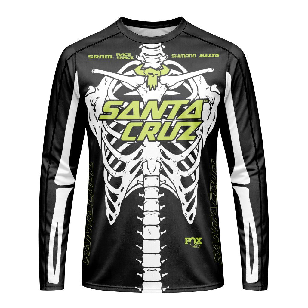 Santa Cruz Skeleton Black Green Long Sleeve Mountain Bike Jersey - front view mockup