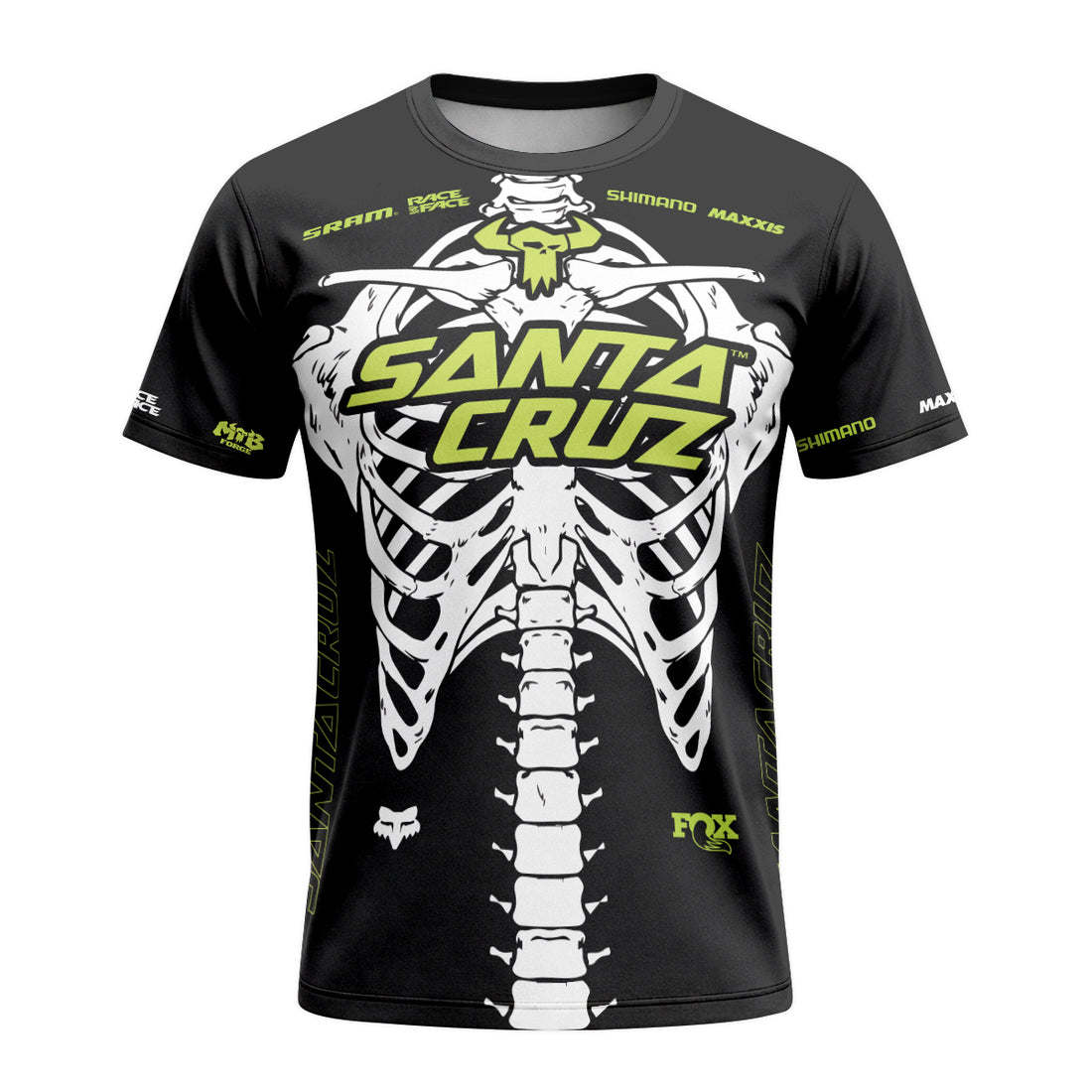 Santa Cruz Skeleton Black Green Short Sleeve Mountain Bike Jersey - front and back view