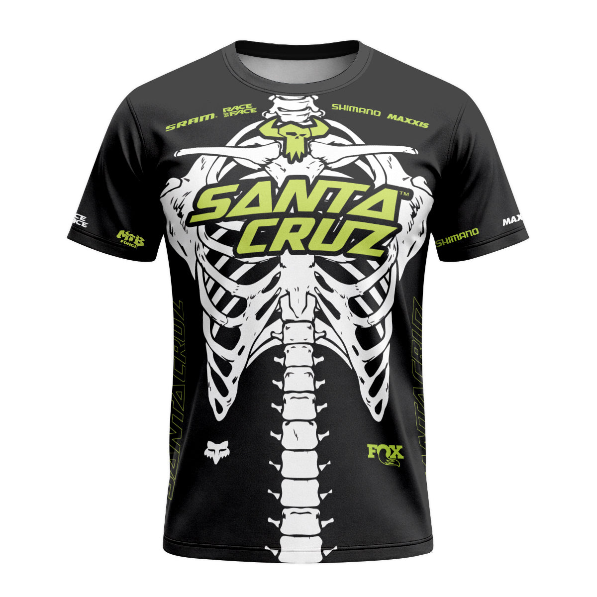 Santa Cruz Skeleton Black Green Short Sleeve Mountain Bike Jersey - front view mockup