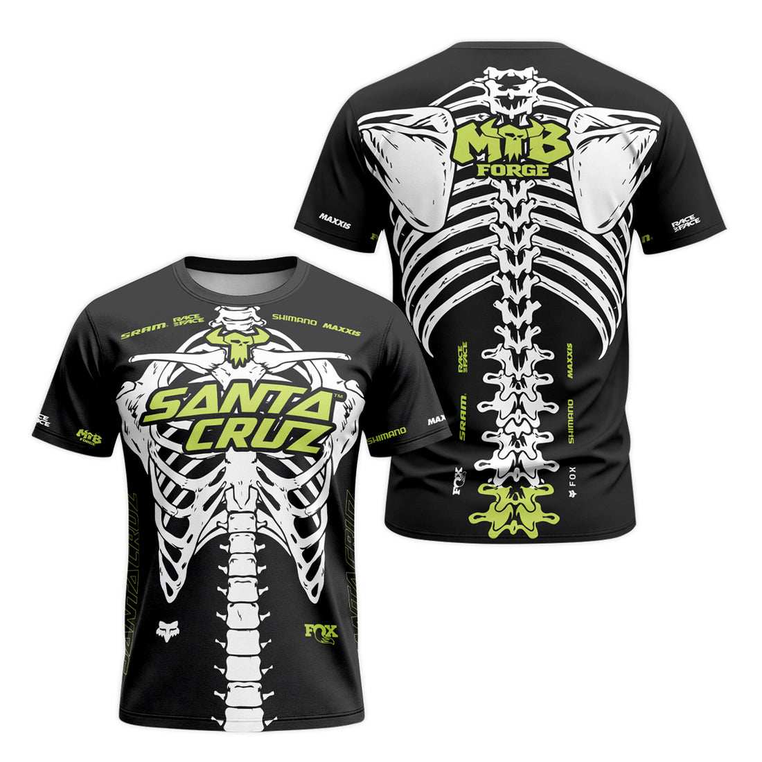 Santa Cruz Skeleton Black Green Short Sleeve Mountain Bike Jersey - front and back view
