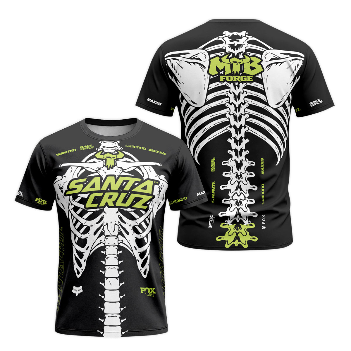 Santa Cruz Skeleton Black Green Short Sleeve Mountain Bike Jersey - front and back view