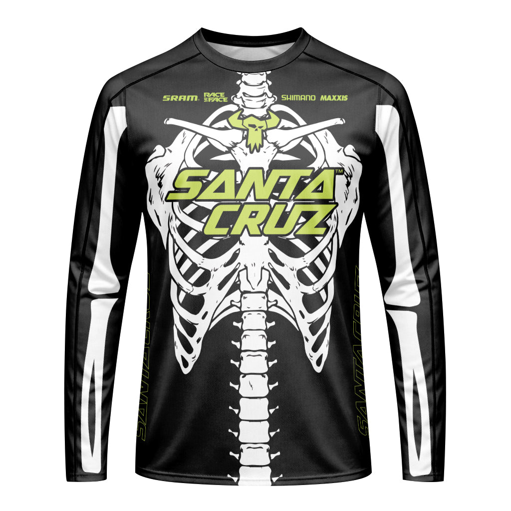 Santa Cruz Skeleton Black Green Youth Long Sleeve Mountain Bike Jersey – Front View Mockup