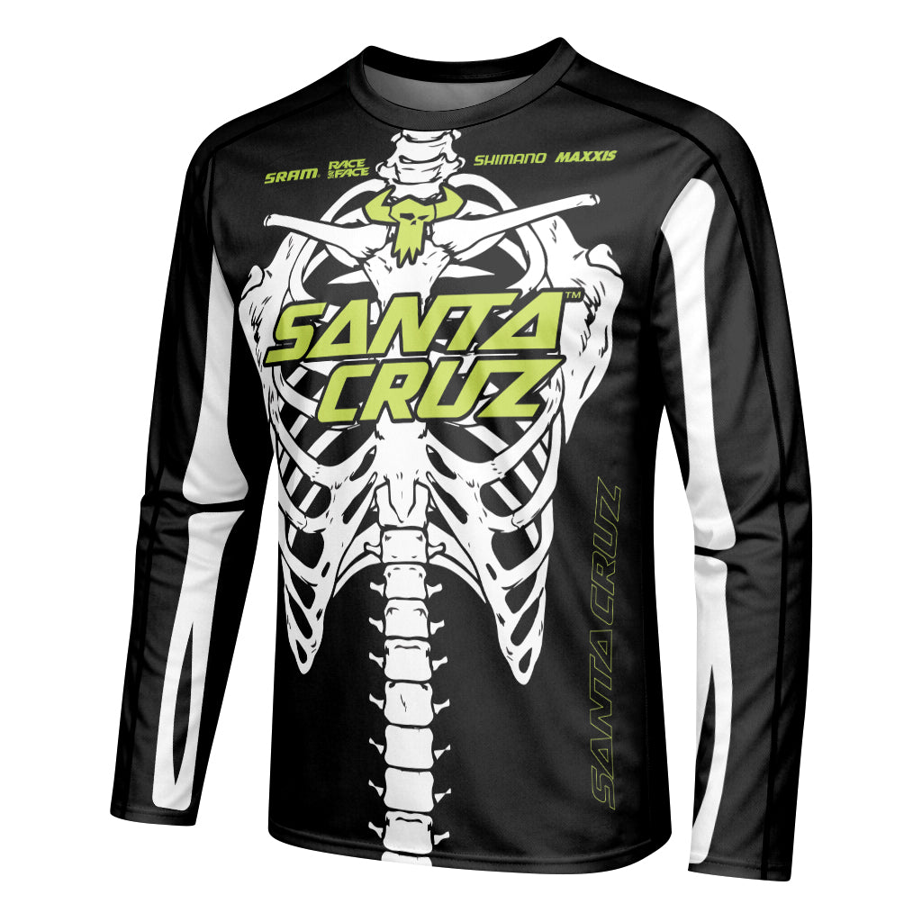 Santa Cruz Skeleton Black Green Youth Long Sleeve Mountain Bike Jersey – Left Side View Mockup