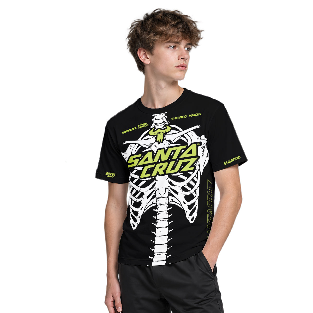Santa Cruz Skeleton Black Green Youth Short Sleeve Mountain Bike Jersey – Boy Lifestyle View