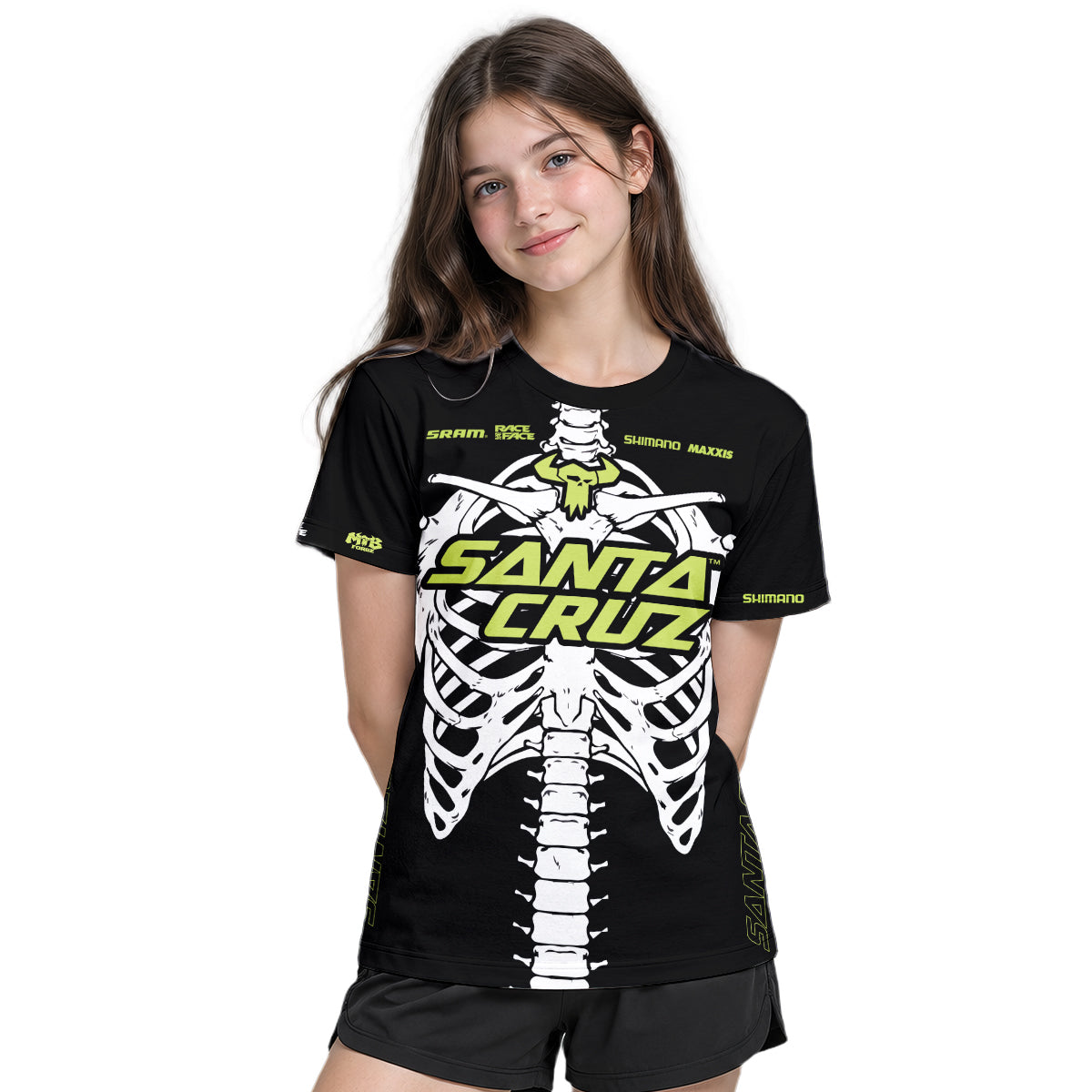 Santa Cruz Skeleton Black Green Youth Short Sleeve Mountain Bike Jersey – Girl Lifestyle View