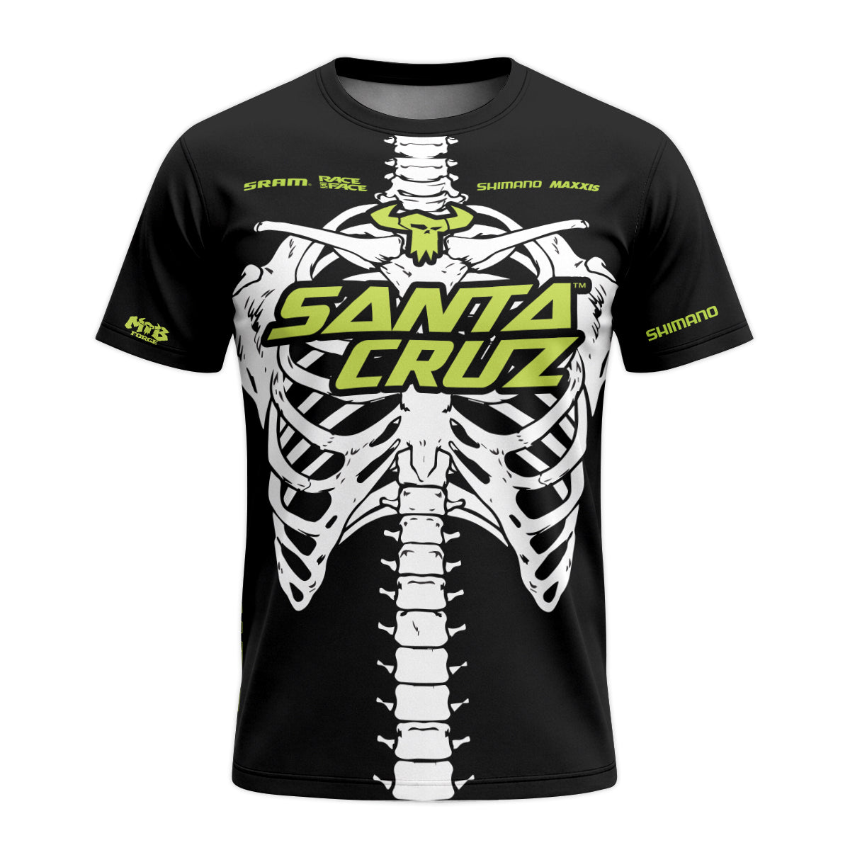 Santa Cruz Skeleton Black Green Youth Short Sleeve Mountain Bike Jersey – Front View Mockup