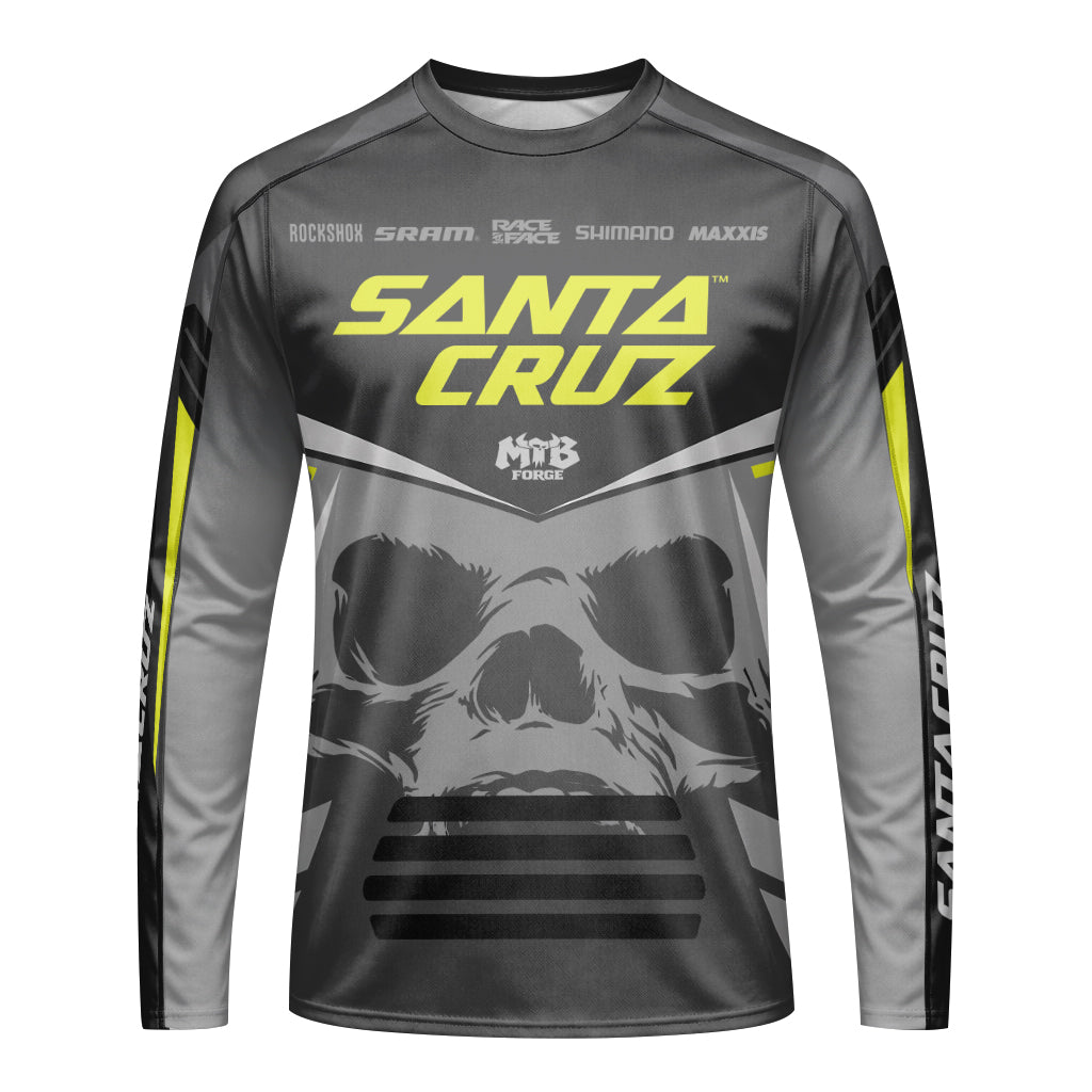 Santa Cruz Skull Black Gray Youth Long Sleeve Mountain Bike Jersey – Front View Mockup