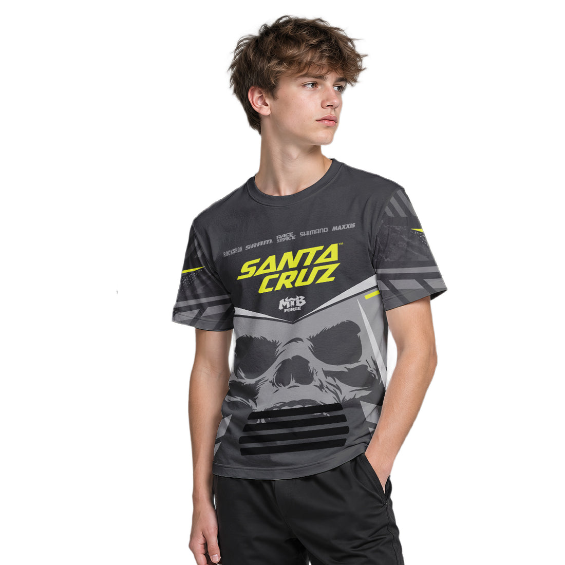 Santa Cruz Skull Black Gray Youth Short Sleeve Mountain Bike Jersey – Boy Lifestyle View