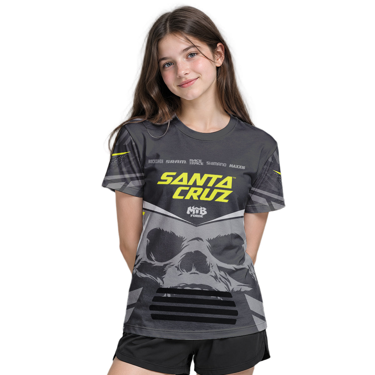 Santa Cruz Skull Black Gray Youth Short Sleeve Mountain Bike Jersey – Girl Lifestyle View