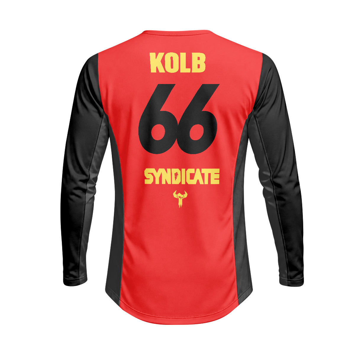 Santa Cruz Syndicate Andreas Kolb #66 Red Downhill Heavyweight Long Sleeve Mountain Bike Jersey – Back View Mockup