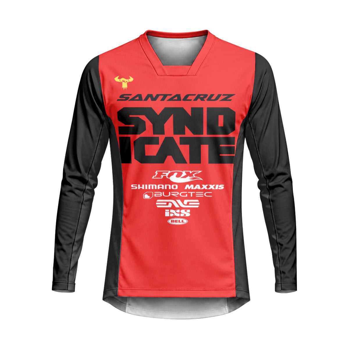 Santa Cruz Syndicate Andreas Kolb #66 Red Downhill Heavyweight Long Sleeve Mountain Bike Jersey – Front View Mockup