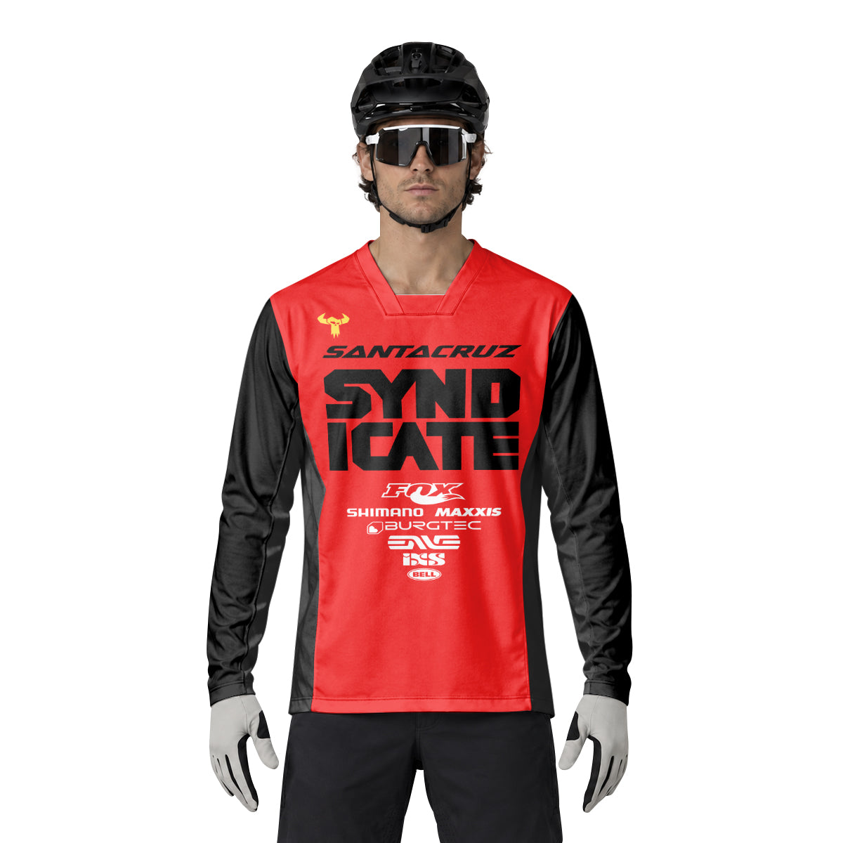 Santa Cruz Syndicate Andreas Kolb #66 Red Downhill Heavyweight Long Sleeve Mountain Bike Jersey – Lifestyle View