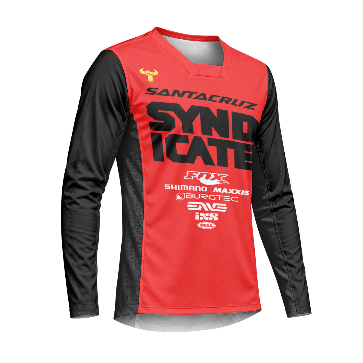 Santa Cruz Syndicate Andreas Kolb #66 Red Downhill Heavyweight Long Sleeve Mountain Bike Jersey – Right Side View Mockup