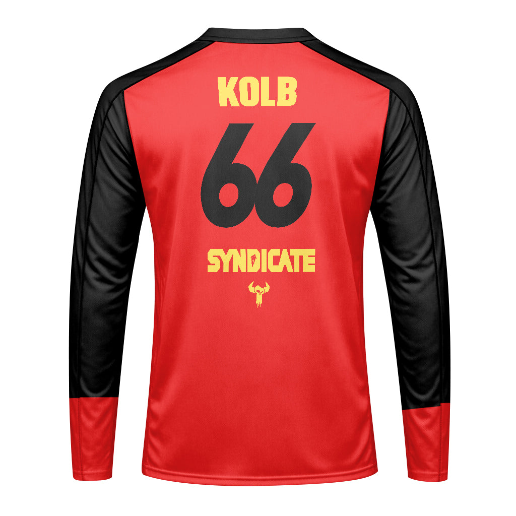 Santa Cruz Syndicate Andreas Kolb #66 Red Downhill Long Sleeve Mountain Bike Jersey – Back View Mockup