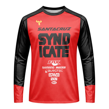 Santa Cruz Syndicate Andreas Kolb #66 Red Downhill Long Sleeve Mountain Bike Jersey – Front View Mockup