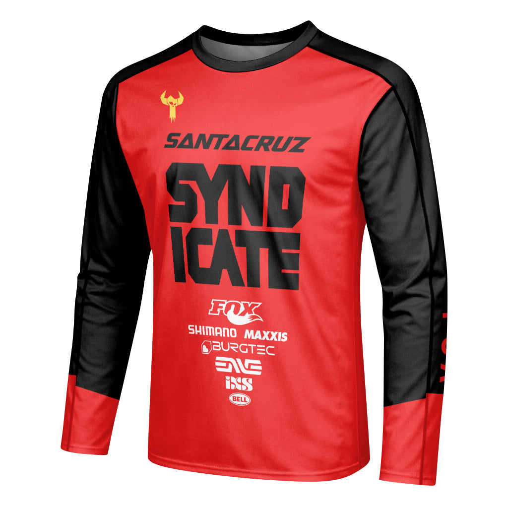 Santa Cruz Syndicate Andreas Kolb #66 Red Downhill Long Sleeve Mountain Bike Jersey – Left Side View Mockup