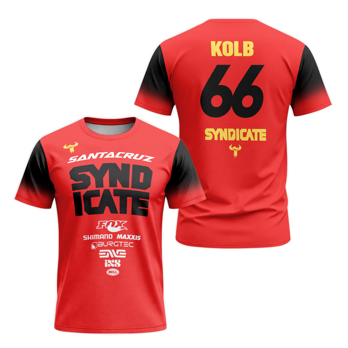 Santa Cruz Syndicate Andreas Kolb #66 Red Downhill Short Sleeve Mountain Bike Jersey – Front and Back View