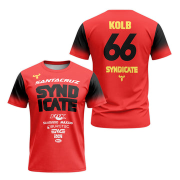 Santa Cruz Syndicate Andreas Kolb #66 Red Downhill Short Sleeve Mountain Bike Jersey – Front and Back View