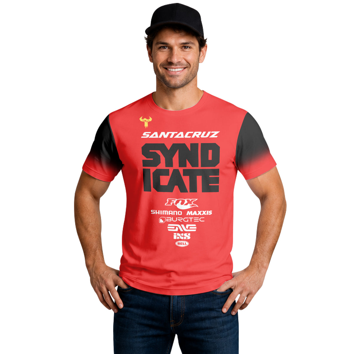 Santa Cruz Syndicate Andreas Kolb #66 Red Downhill Short Sleeve Mountain Bike Jersey – Lifestyle View