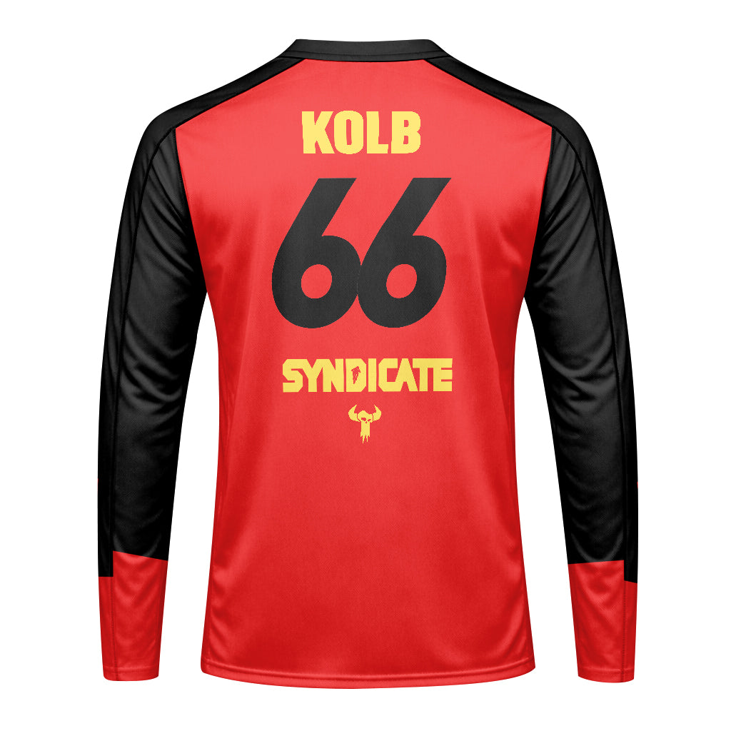 Santa Cruz Syndicate Andreas Kolb #66 Red Downhill Youth Long Sleeve Mountain Bike Jersey – Back View Mockup