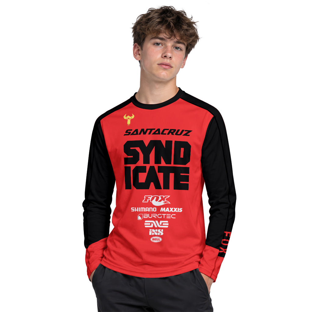 Santa Cruz Syndicate Andreas Kolb #66 Red Downhill Youth Long Sleeve Mountain Bike Jersey – Boy Lifestyle View