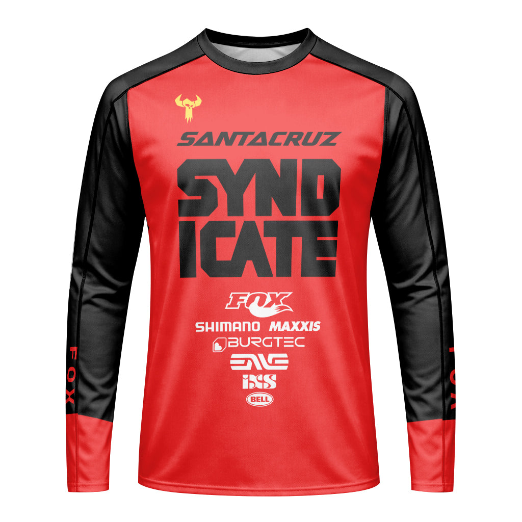 Santa Cruz Syndicate Andreas Kolb #66 Red Downhill Youth Long Sleeve Mountain Bike Jersey – Front View Mockup