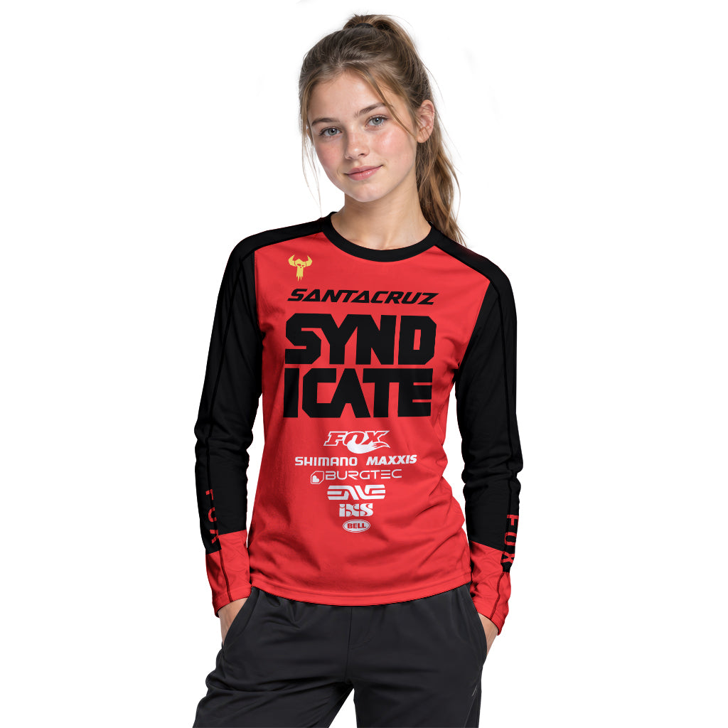 Santa Cruz Syndicate Andreas Kolb #66 Red Downhill Youth Long Sleeve Mountain Bike Jersey – Girl Lifestyle View