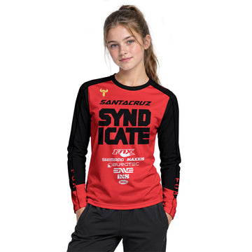Santa Cruz Syndicate Andreas Kolb #66 Red Downhill Youth Long Sleeve Mountain Bike Jersey – Girl Lifestyle View