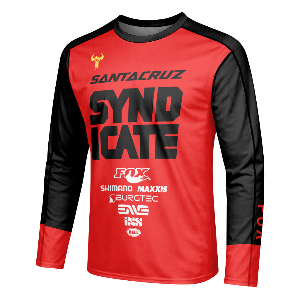 Santa Cruz Syndicate Andreas Kolb #66 Red Downhill Youth Long Sleeve Mountain Bike Jersey – Left Side View Mockup