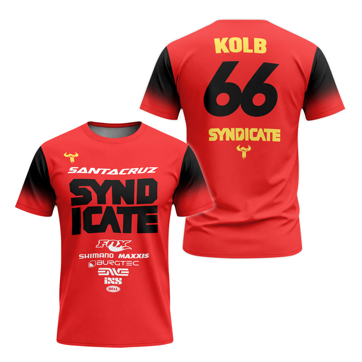 Santa Cruz Syndicate Andreas Kolb #66 Red Downhill Youth Short Sleeve Mountain Bike Jersey – Front and Back View