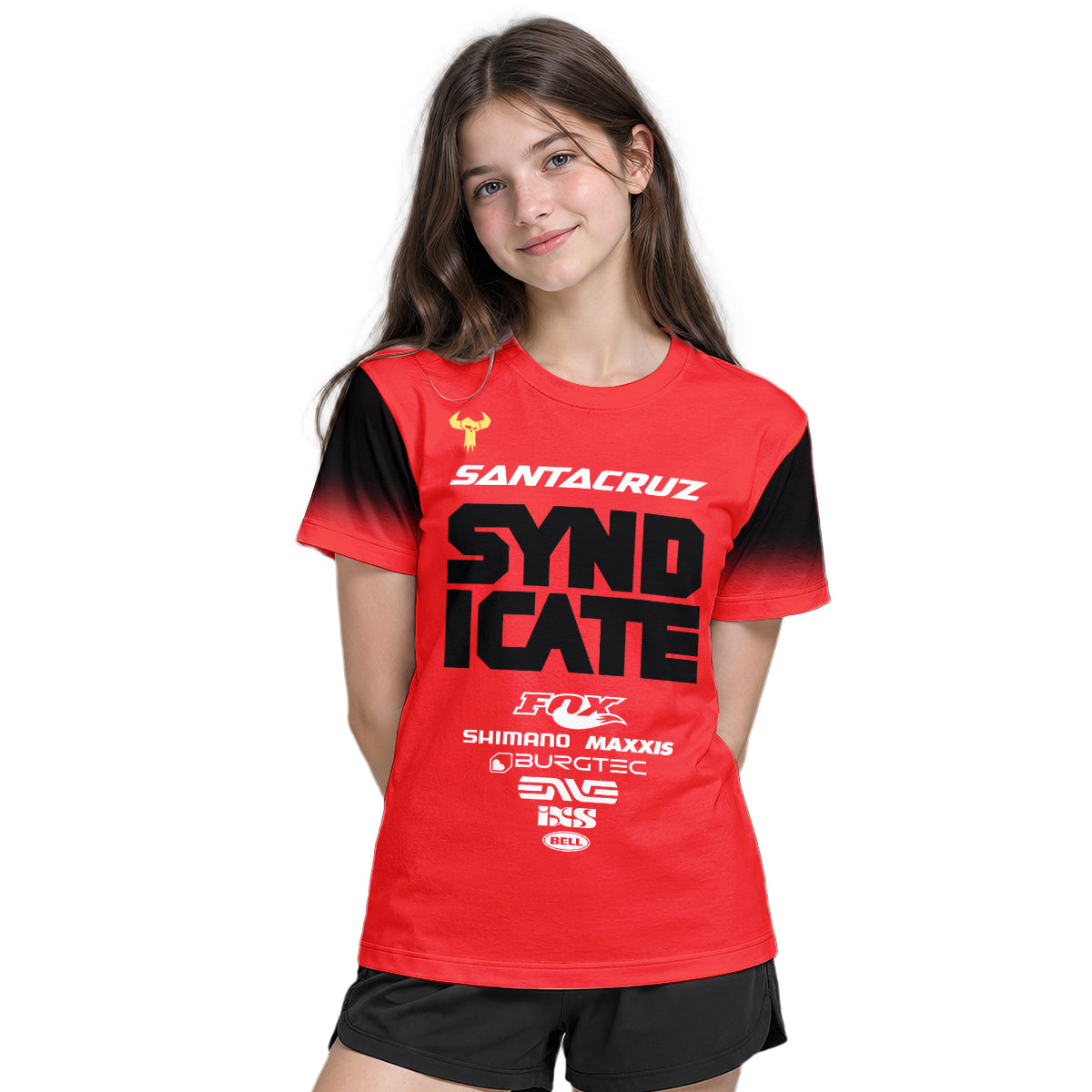 Santa Cruz Syndicate Andreas Kolb #66 Red Downhill Youth Short Sleeve Mountain Bike Jersey – Girl Lifestyle View