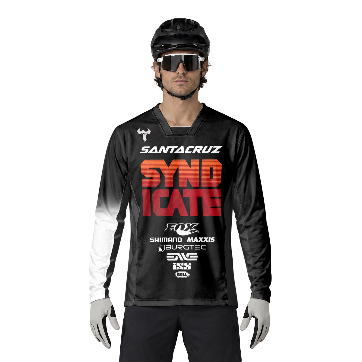 Santa Cruz Syndicate Black Red Downhill Heavyweight Long Sleeve Mountain Bike Jersey – Lifestyle View